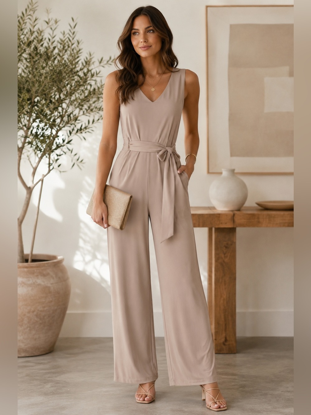 Calvin Klein Taupe Belted Wide-Leg Jumpsuit | NWT | Size 6